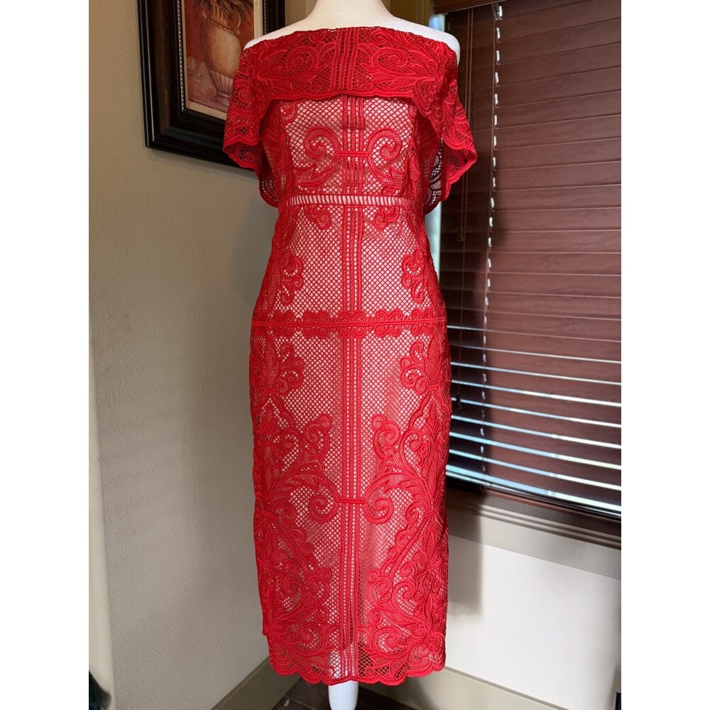 Stylestalker Small Stella Lace Off Shoulder Midi Pencil Dress Red Nude Lace